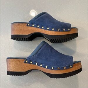 M. Gemi Clogs Blue Suede Open Toe Wooden Heel Nail Stud Trim Made Italy